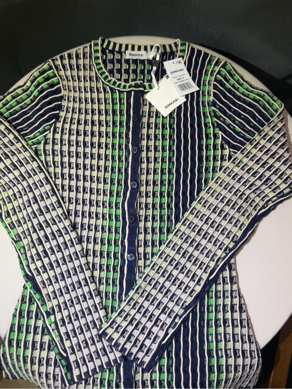 Green Navy Grid Knit Cardigan Sweater